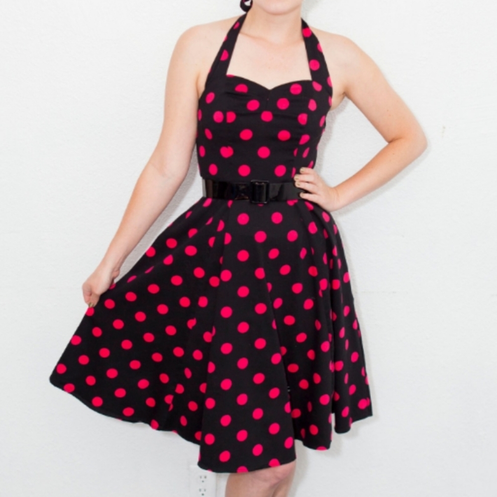 1950's Style Black & Pink Polka Dot Full Skirt Halter Summer Dress | Siz…